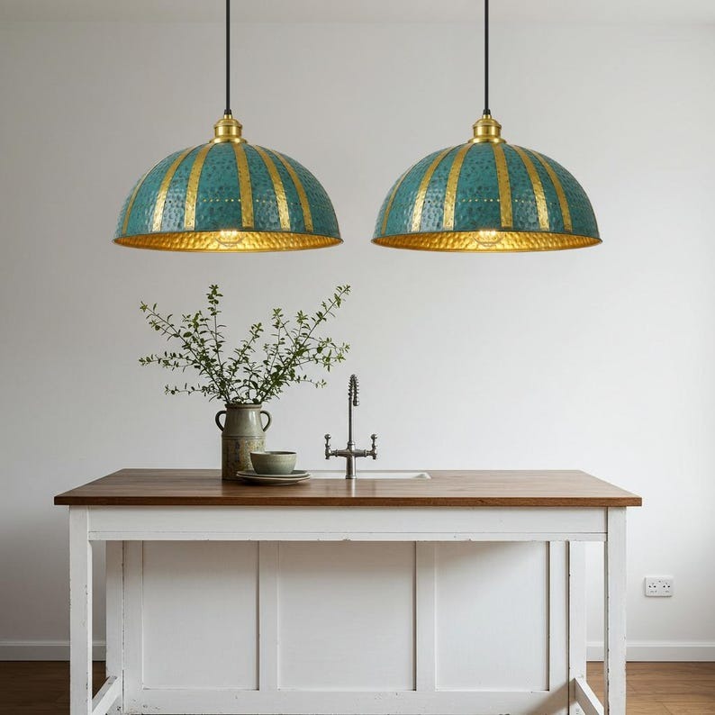 Handmade Moroccan Brass Pendant Light – Verdigris Dome Ceiling Lamp with Gold Brass Ribs, Hammered Texture & Warm Kitchen Island Glow