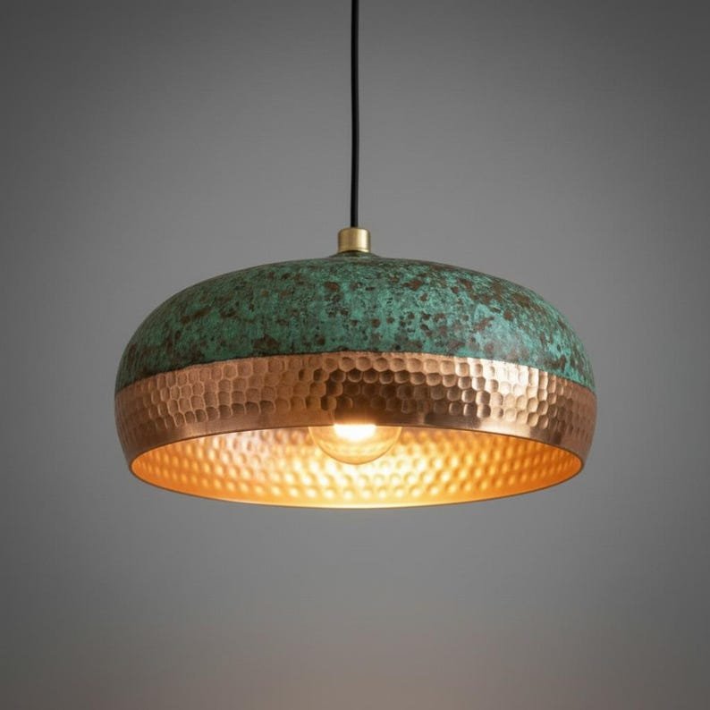 Green Patina Copper Pendant Light, Handmade Hammered Dome Ceiling Lamp, Rustic Moroccan Kitchen Island Chandelier