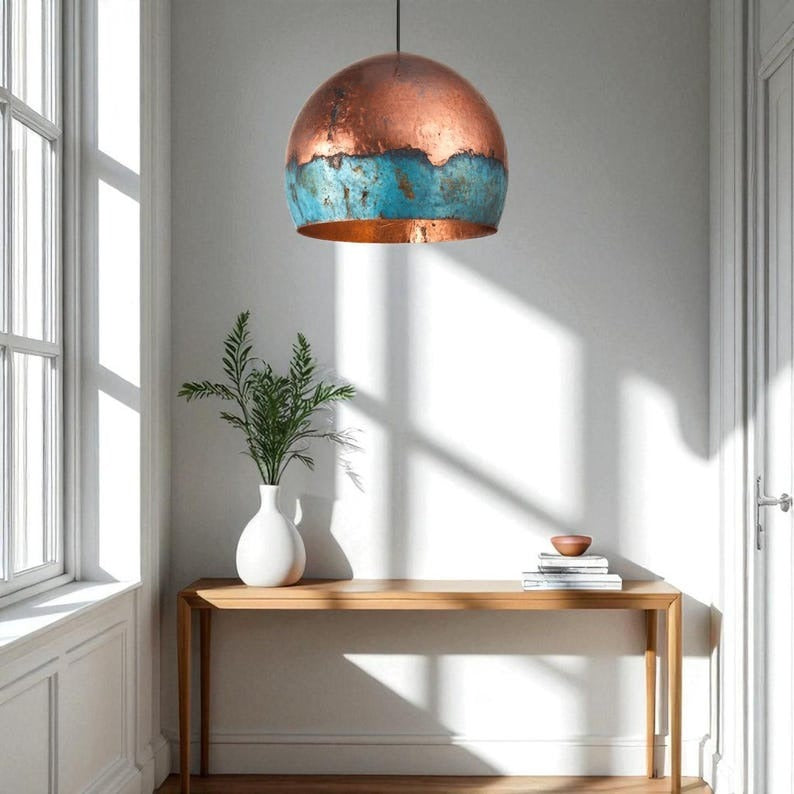 Large Handmade Verdigris Brass Pendant Light – Oversized Hammered Dome Ceiling Lamp with Copper Finish for Kitchen Island, Dining Room and Modern Rustic Interiors