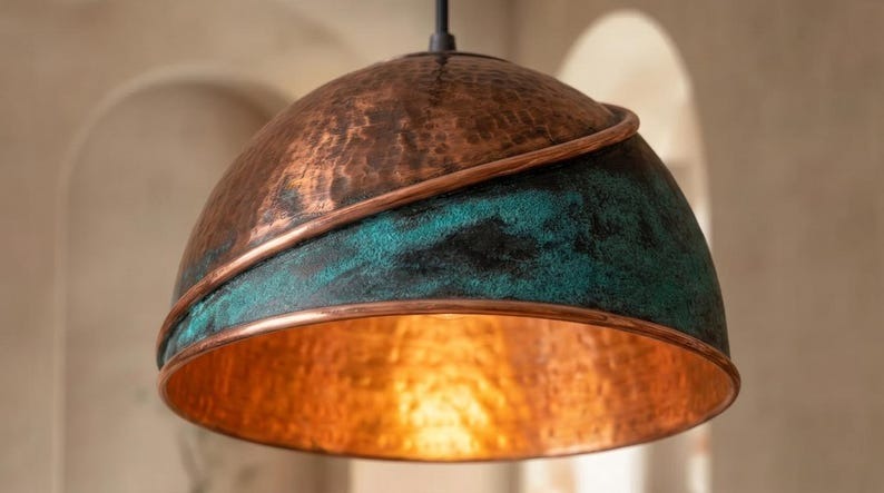 Handmade Moroccan Brass Pendant Light – Hammered Dome Ceiling Lamp with Verdigris Patina, Spiral Copper Band & Rustic Aged Finish