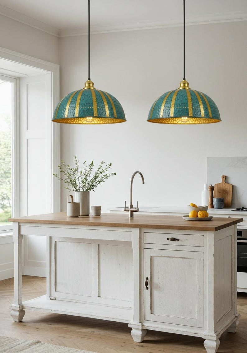 Handmade Moroccan Brass Pendant Light – Verdigris Dome Ceiling Lamp with Gold Brass Ribs, Hammered Texture & Warm Kitchen Island Glow