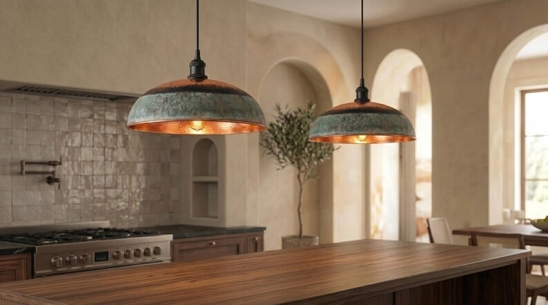 Handmade Moroccan Brass Pendant Light – Hammered Copper Dome with Green Verdigris Patina Band, Rustic Kitchen Island Ceiling Lamp
