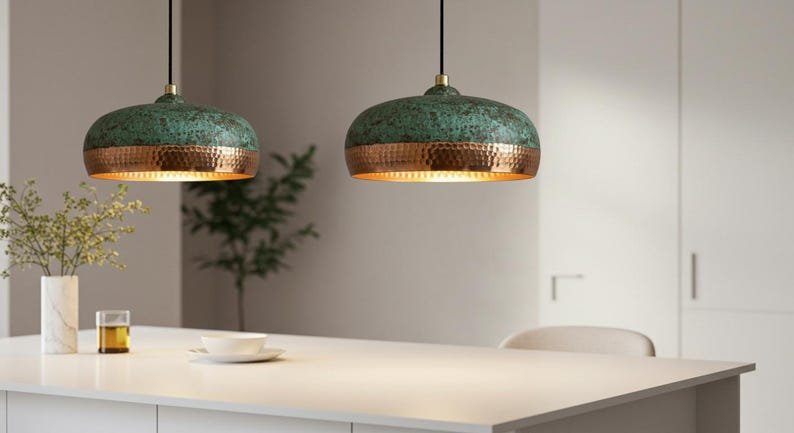 Green Patina Copper Pendant Light, Handmade Hammered Dome Ceiling Lamp, Rustic Moroccan Kitchen Island Chandelier