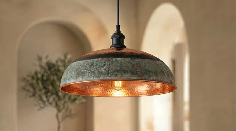 Handmade Moroccan Brass Pendant Light – Hammered Copper Dome with Green Verdigris Patina Band, Rustic Kitchen Island Ceiling Lamp