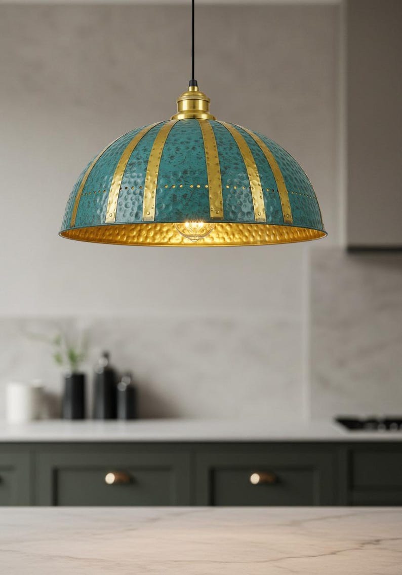 Handmade Moroccan Brass Pendant Light – Verdigris Dome Ceiling Lamp with Gold Brass Ribs, Hammered Texture & Warm Kitchen Island Glow