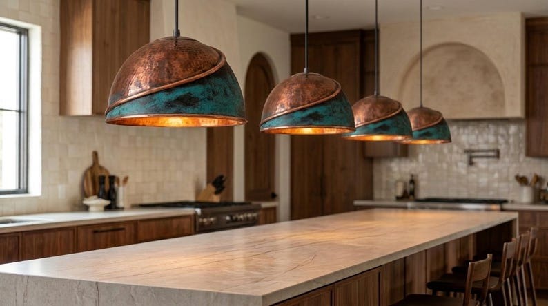 Handmade Moroccan Brass Pendant Light – Hammered Dome Ceiling Lamp with Verdigris Patina, Spiral Copper Band & Rustic Aged Finish