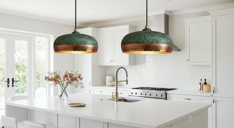 Green Patina Copper Pendant Light, Handmade Hammered Dome Ceiling Lamp, Rustic Moroccan Kitchen Island Chandelier