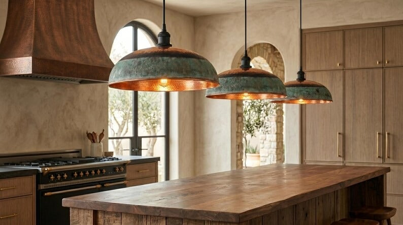 Handmade Moroccan Brass Pendant Light – Hammered Copper Dome with Green Verdigris Patina Band, Rustic Kitchen Island Ceiling Lamp