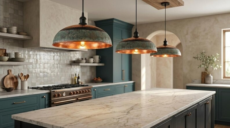 Handmade Moroccan Brass Pendant Light – Hammered Copper Dome with Green Verdigris Patina Band, Rustic Kitchen Island Ceiling Lamp