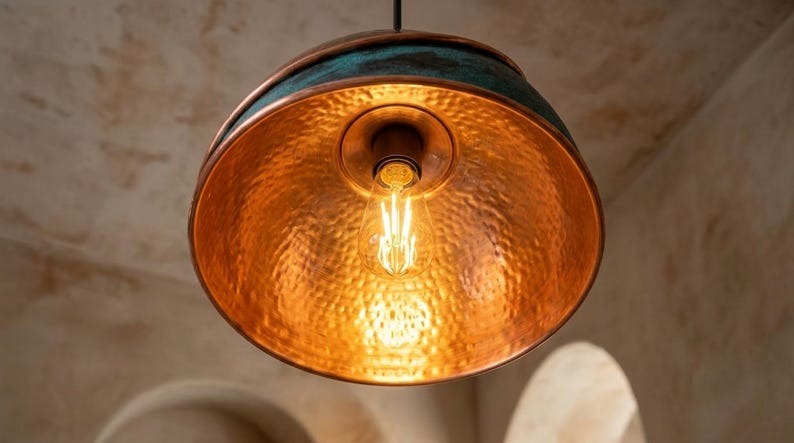 Handmade Moroccan Brass Pendant Light – Hammered Dome Ceiling Lamp with Verdigris Patina, Spiral Copper Band & Rustic Aged Finish