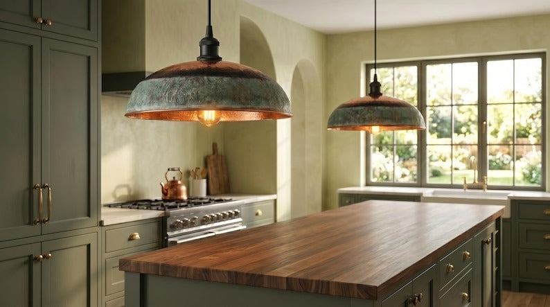 Handmade Moroccan Brass Pendant Light – Hammered Copper Dome with Green Verdigris Patina Band, Rustic Kitchen Island Ceiling Lamp