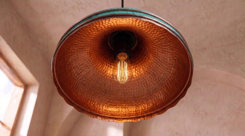 Handmade Moroccan Brass Pendant Light – Verdigris Green Hammered Dome Ceiling Lamp with Scalloped Copper Edge and Vintage Patina