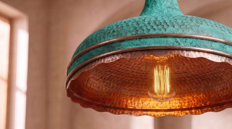 Handmade Moroccan Brass Pendant Light – Verdigris Green Hammered Dome Ceiling Lamp with Scalloped Copper Edge and Vintage Patina