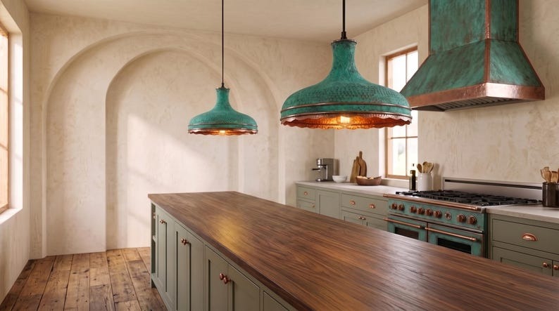 Handmade Moroccan Brass Pendant Light – Verdigris Green Hammered Dome Ceiling Lamp with Scalloped Copper Edge and Vintage Patina