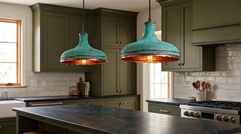 Handmade Moroccan Brass Pendant Light – Verdigris Green Hammered Dome Ceiling Lamp with Scalloped Copper Edge and Vintage Patina