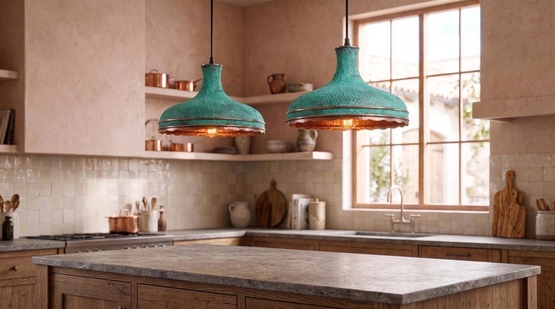 Handmade Moroccan Brass Pendant Light – Verdigris Green Hammered Dome Ceiling Lamp with Scalloped Copper Edge and Vintage Patina