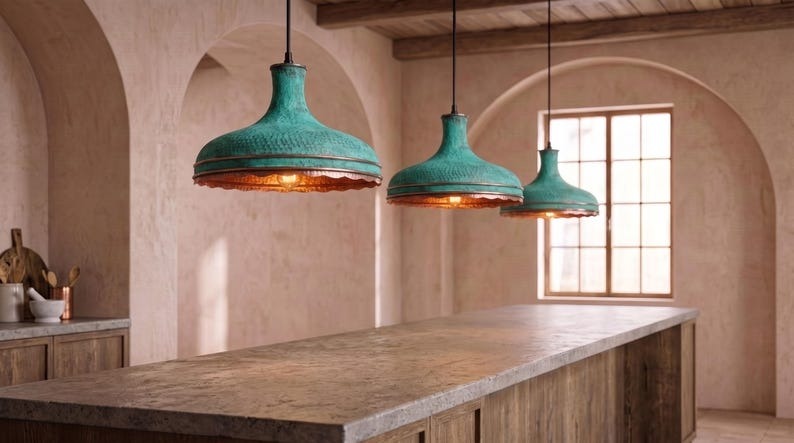 Handmade Moroccan Brass Pendant Light – Verdigris Green Hammered Dome Ceiling Lamp with Scalloped Copper Edge and Vintage Patina
