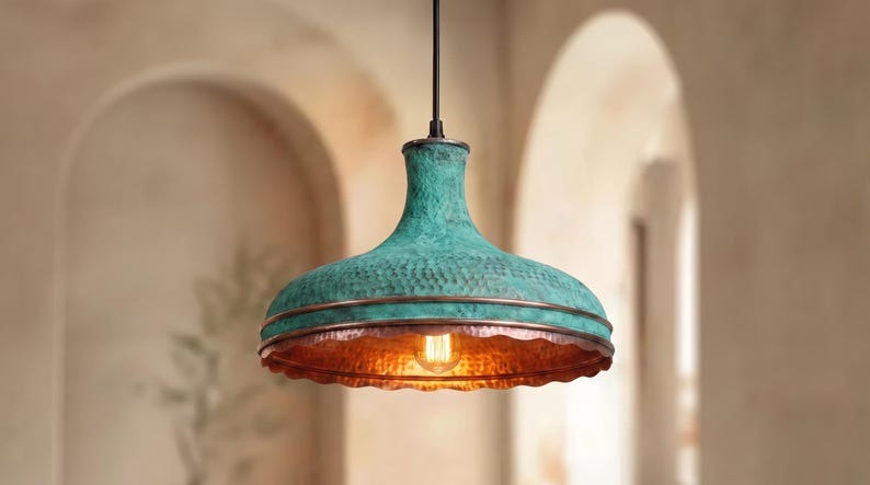Handmade Moroccan Brass Pendant Light – Verdigris Green Hammered Dome Ceiling Lamp with Scalloped Copper Edge and Vintage Patina
