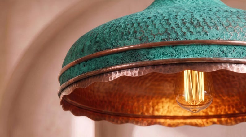 Handmade Moroccan Brass Pendant Light – Verdigris Green Hammered Dome Ceiling Lamp with Scalloped Copper Edge and Vintage Patina