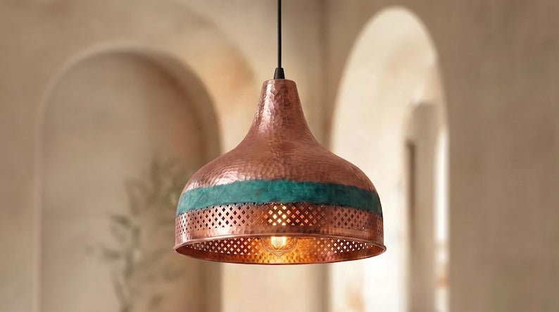Handmade Moroccan Brass Pendant Light – Hammered Copper Dome Ceiling Lamp with Verdigris Patina, Pierced Diamond Band & Warm Ambient Glow