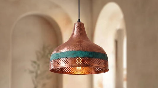 Handmade Moroccan Brass Pendant Light – Hammered Copper Dome Ceiling Lamp with Verdigris Patina, Pierced Diamond Band & Warm Ambient Glow