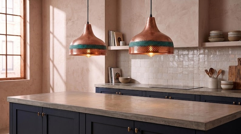 Handmade Moroccan Brass Pendant Light – Hammered Copper Dome Ceiling Lamp with Verdigris Patina, Pierced Diamond Band & Warm Ambient Glow