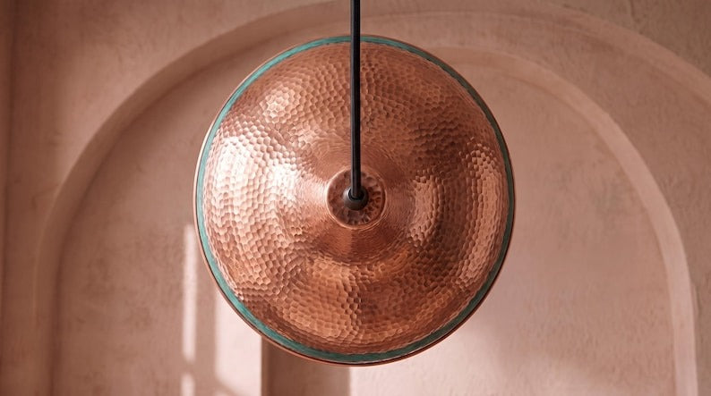 Handmade Moroccan Brass Pendant Light – Hammered Copper Dome Ceiling Lamp with Verdigris Patina, Pierced Diamond Band & Warm Ambient Glow
