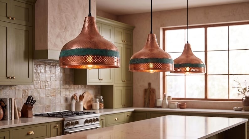 Handmade Moroccan Brass Pendant Light – Hammered Copper Dome Ceiling Lamp with Verdigris Patina, Pierced Diamond Band & Warm Ambient Glow