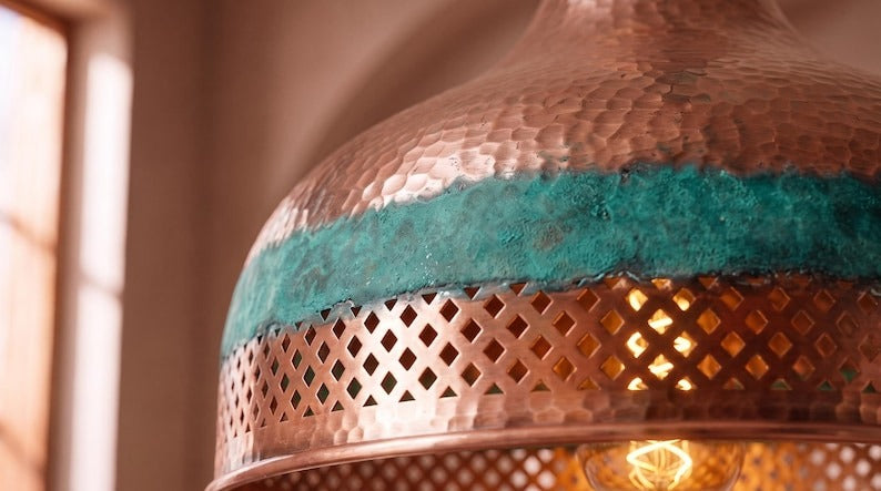Handmade Moroccan Brass Pendant Light – Hammered Copper Dome Ceiling Lamp with Verdigris Patina, Pierced Diamond Band & Warm Ambient Glow
