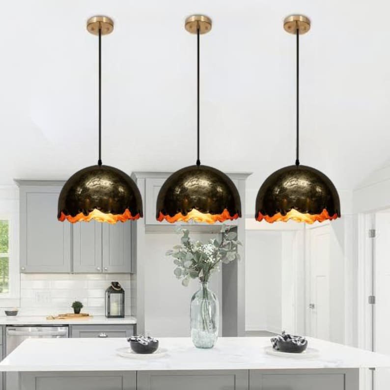 Dark Antique Brass Wavy Edge Pendant Light, Handmade Moroccan Scalloped Dome Chandelier, Rustic Blackened Brass Kitchen Island Hanging Lamp, Boho Farmhouse Ceiling Light Fixture