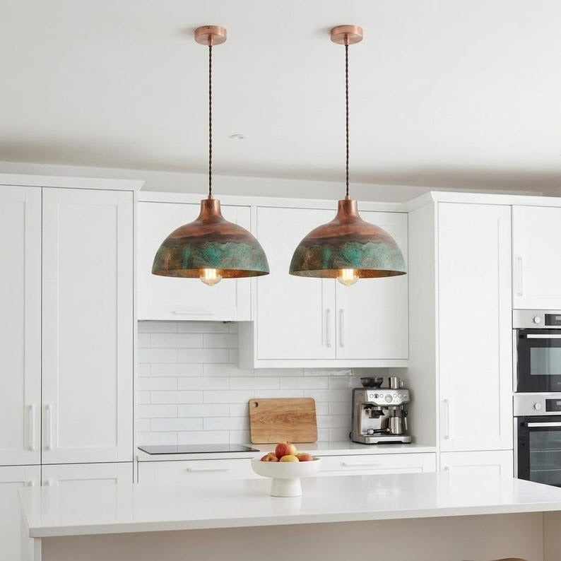 Handmade Moroccan Brass Dome Pendant Light – Aged Copper and Green Verdigris Patina Hanging Lamp, Rustic Boho Ceiling Light for Kitchen Island, Dining Room & Living Room