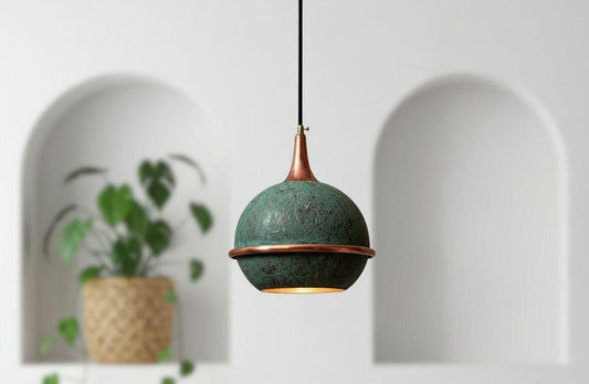 Handmade Moroccan Brass Globe Pendant Light – Green Verdigris Patina Brass Hanging Lamp with Copper Trim, Warm Gold Interior Boho Ceiling Light for Kitchen Island, Dining Room, Bedroom & Entryway