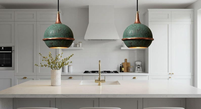 Handmade Moroccan Brass Globe Pendant Light – Green Verdigris Patina Brass Hanging Lamp with Copper Trim, Warm Gold Interior Boho Ceiling Light for Kitchen Island, Dining Room, Bedroom & Entryway