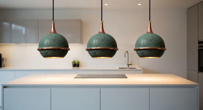 Handmade Moroccan Brass Globe Pendant Light – Green Verdigris Patina Brass Hanging Lamp with Copper Trim, Warm Gold Interior Boho Ceiling Light for Kitchen Island, Dining Room, Bedroom & Entryway