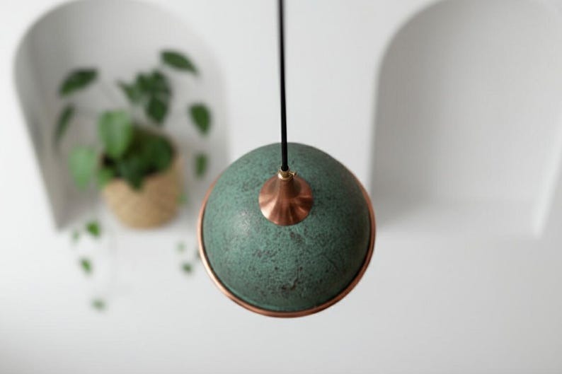 Handmade Moroccan Brass Globe Pendant Light – Green Verdigris Patina Brass Hanging Lamp with Copper Trim, Warm Gold Interior Boho Ceiling Light for Kitchen Island, Dining Room, Bedroom & Entryway
