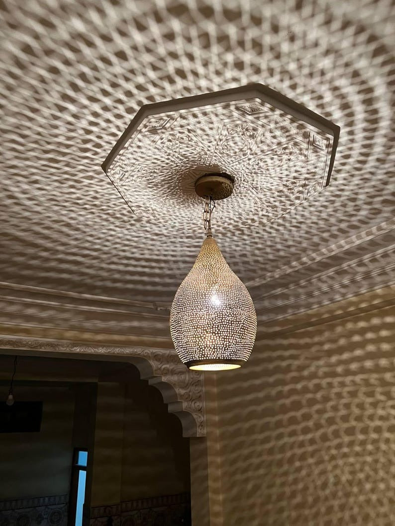 Handmade Brass Teardrop Pendant Light – Moroccan Pierced Brass Hanging Lamp, Boho Shadow Ceiling Light, Artisan Moroccan Pendant Fixture