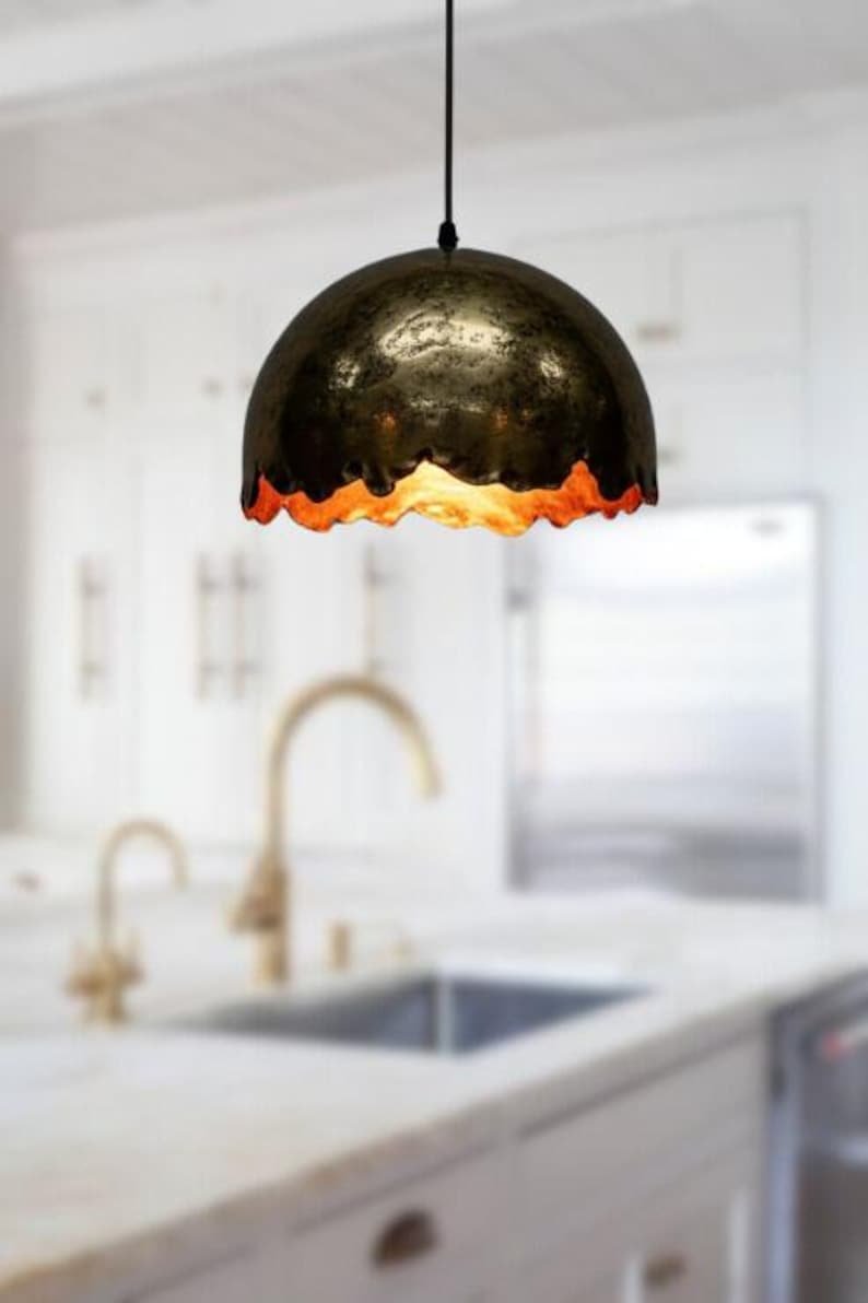 Dark Antique Brass Wavy Edge Pendant Light, Handmade Moroccan Scalloped Dome Chandelier, Rustic Blackened Brass Kitchen Island Hanging Lamp, Boho Farmhouse Ceiling Light Fixture