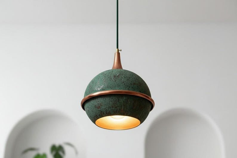 Handmade Moroccan Brass Globe Pendant Light – Green Verdigris Patina Brass Hanging Lamp with Copper Trim, Warm Gold Interior Boho Ceiling Light for Kitchen Island, Dining Room, Bedroom & Entryway