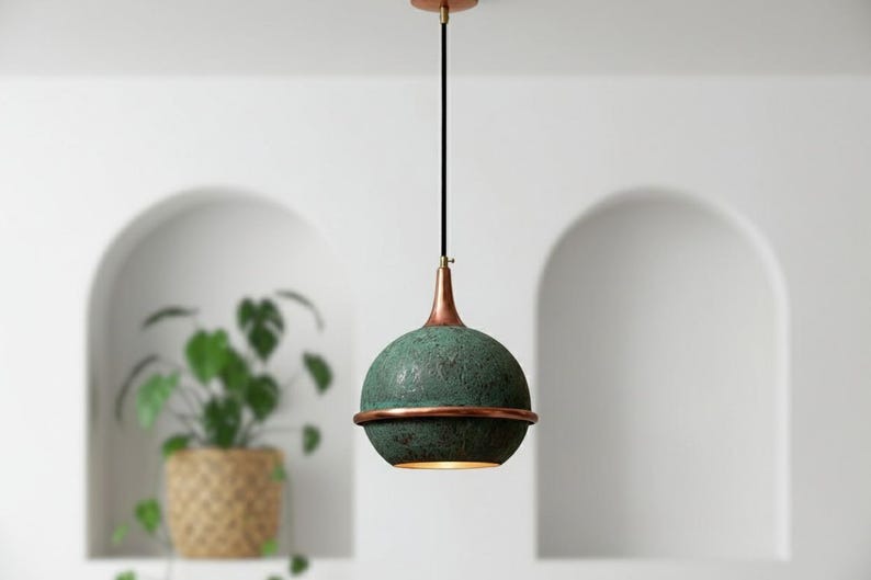Handmade Moroccan Brass Globe Pendant Light – Green Verdigris Patina Brass Hanging Lamp with Copper Trim, Warm Gold Interior Boho Ceiling Light for Kitchen Island, Dining Room, Bedroom & Entryway