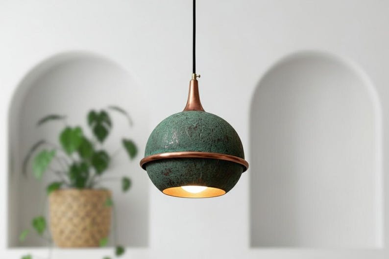 Handmade Moroccan Brass Globe Pendant Light – Green Verdigris Patina Brass Hanging Lamp with Copper Trim, Warm Gold Interior Boho Ceiling Light for Kitchen Island, Dining Room, Bedroom & Entryway