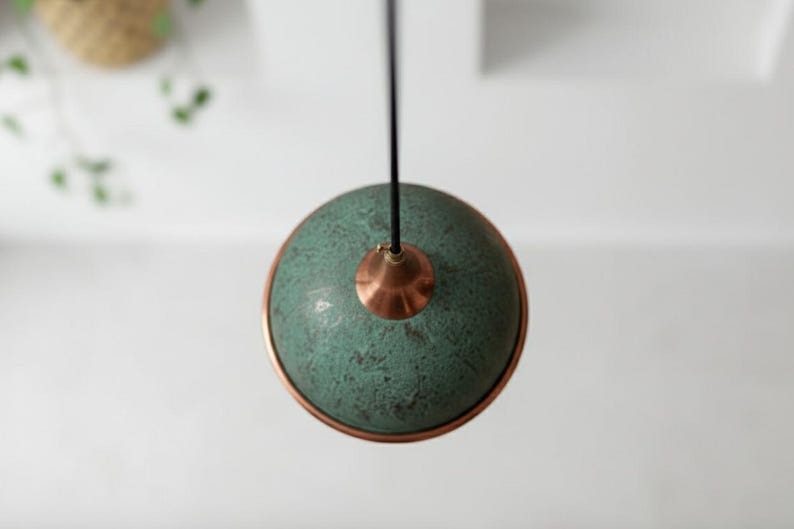 Handmade Moroccan Brass Globe Pendant Light – Green Verdigris Patina Brass Hanging Lamp with Copper Trim, Warm Gold Interior Boho Ceiling Light for Kitchen Island, Dining Room, Bedroom & Entryway