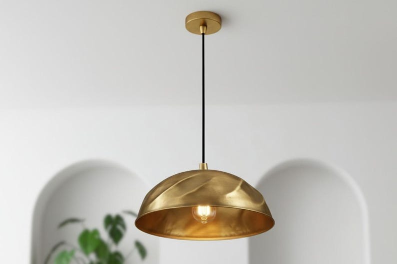 Handmade Moroccan Brass Dome Pendant Light – Sculptural Antique Gold Brass Hanging Lamp with Organic Folded Texture, Warm Boho Ceiling Light for Kitchen Island, Dining Room & Living Room