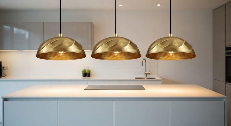 Handmade Moroccan Brass Dome Pendant Light – Sculptural Antique Gold Brass Hanging Lamp with Organic Folded Texture, Warm Boho Ceiling Light for Kitchen Island, Dining Room & Living Room