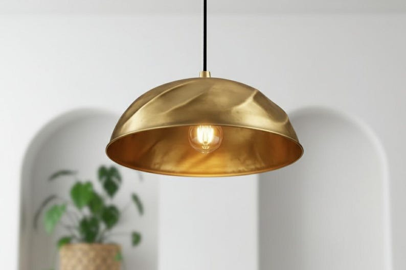 Handmade Moroccan Brass Dome Pendant Light – Sculptural Antique Gold Brass Hanging Lamp with Organic Folded Texture, Warm Boho Ceiling Light for Kitchen Island, Dining Room & Living Room