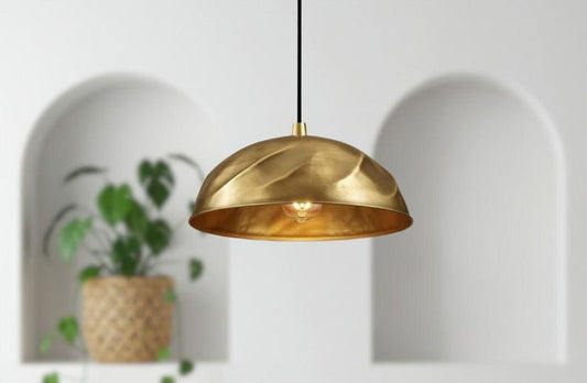 Handmade Moroccan Brass Dome Pendant Light – Sculptural Antique Gold Brass Hanging Lamp with Organic Folded Texture, Warm Boho Ceiling Light for Kitchen Island, Dining Room & Living Room