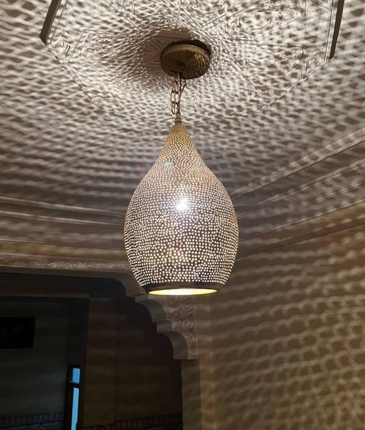 Handmade Brass Teardrop Pendant Light – Moroccan Pierced Brass Hanging Lamp, Boho Shadow Ceiling Light, Artisan Moroccan Pendant Fixture
