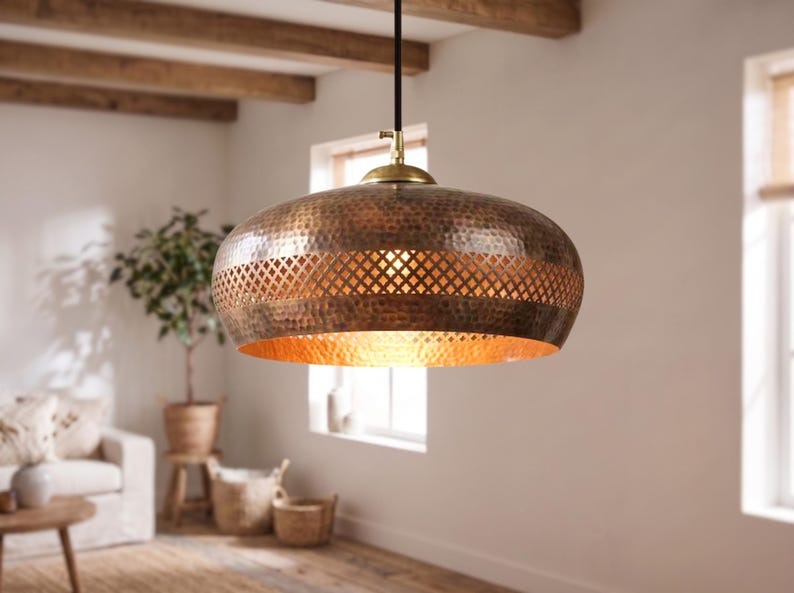 Set of 3 Handmade Moroccan Brass Pendant Lights – Hammered Copper Finish Round Ceiling Lamps with Pierced Geometric Design, Kitchen Island Lighting