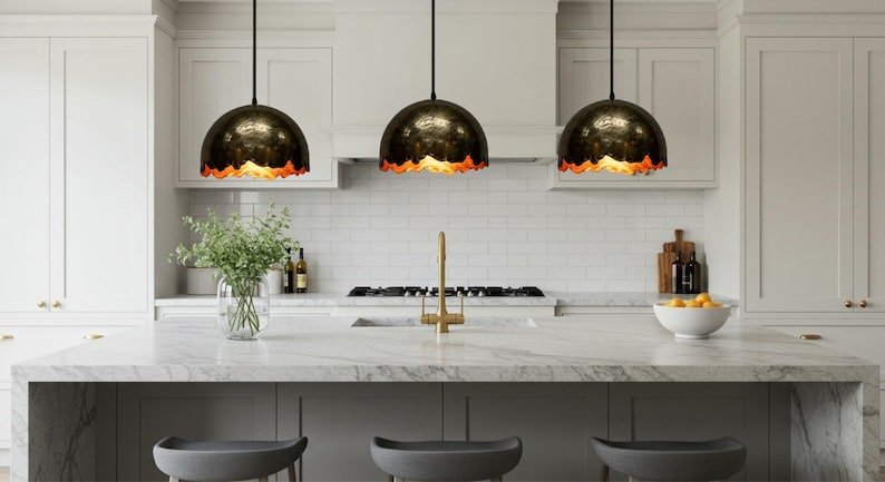 Dark Antique Brass Wavy Edge Pendant Light, Handmade Moroccan Scalloped Dome Chandelier, Rustic Blackened Brass Kitchen Island Hanging Lamp, Boho Farmhouse Ceiling Light Fixture
