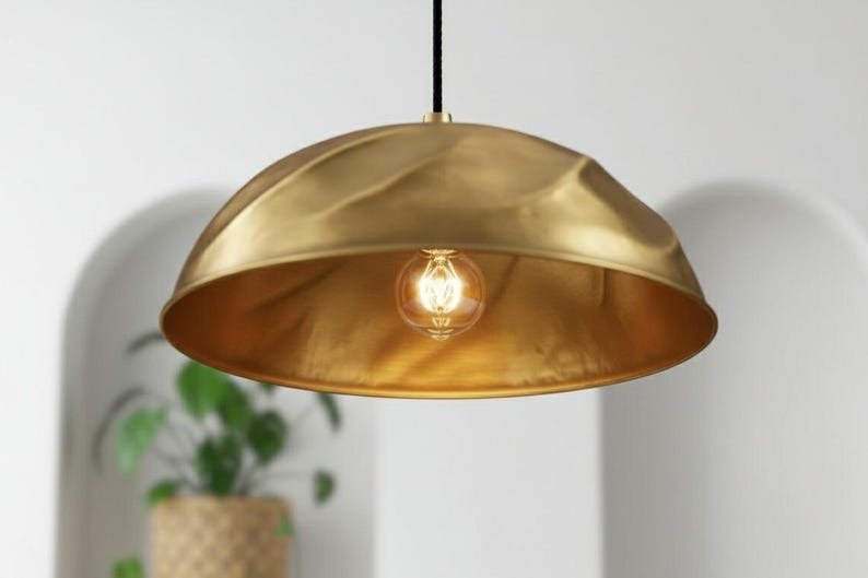 Handmade Moroccan Brass Dome Pendant Light – Sculptural Antique Gold Brass Hanging Lamp with Organic Folded Texture, Warm Boho Ceiling Light for Kitchen Island, Dining Room & Living Room