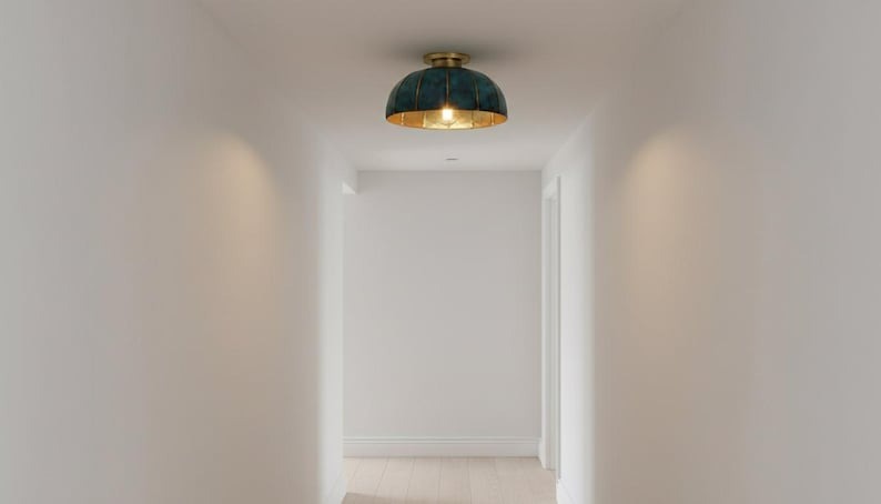 Handmade Moroccan Brass Flush Mount Ceiling Light – Turquoise Verdigris Patina Dome Fixture with Gold Interior